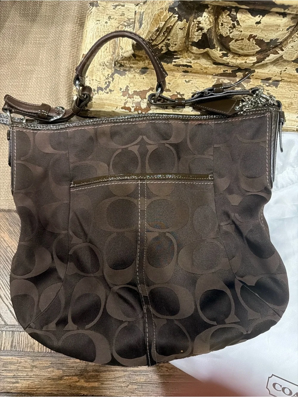 Coach Dark Brown Signature Canvas Shoulder Bag